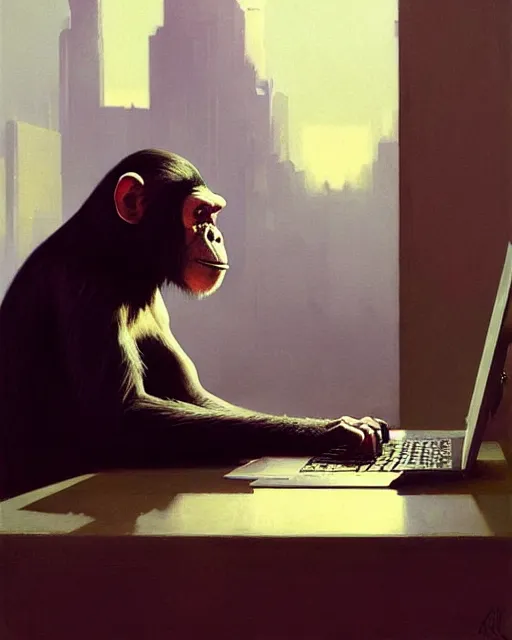 Image similar to cyberpunk chimpanzee cyborg at the computer. art by greg rutkowski, gustave courbet, rosa bonheur, edward hopper. faithfully depicted facial expression, perfect anatomy, sharp focus, global illumination, radiant light, detailed and intricate environment, trending on artstation