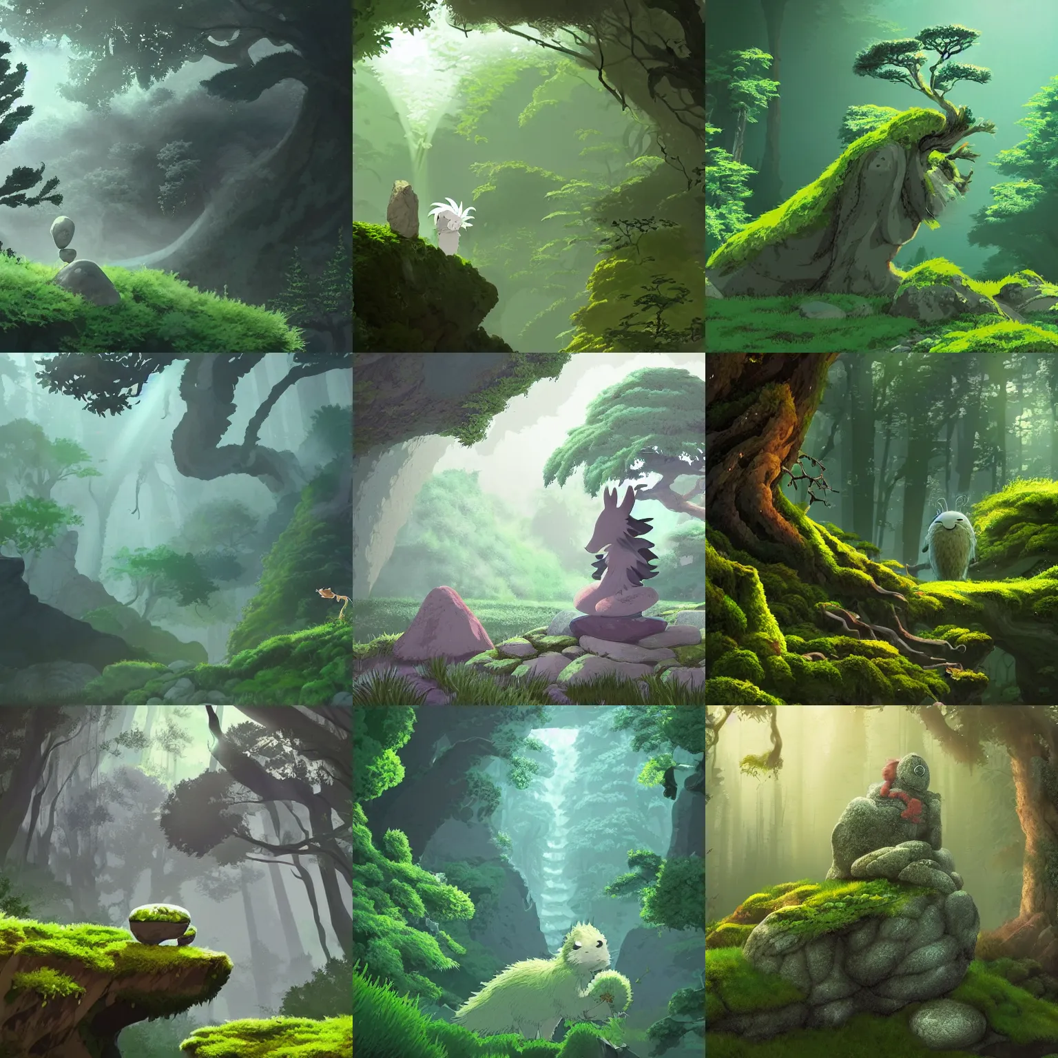 Prompt: stone spirit covered by moss throws stones in magical animal, in a gentle green dawn light, studio ghibli, clean cel shaded vector art, cinematic lighting, volumetric lighting, smooth, sharp focus, highly detailed, render in unreal engine 5, artstation, deviantart, behance, trending, epic composition, octane, light rays, award - winning