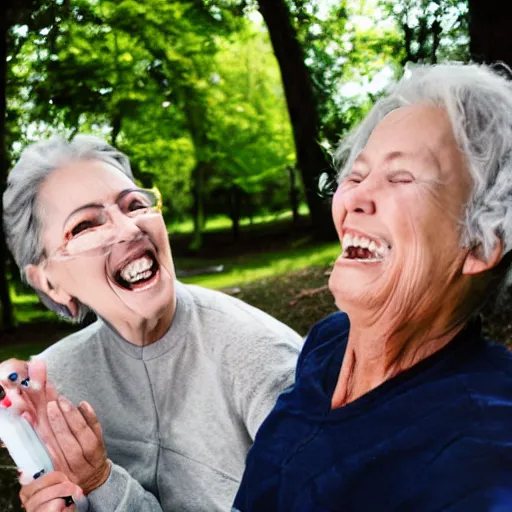 Prompt: ( ( ( an old woman laughing in a park. ) ) ) she has a thin translucent oxygen tubing under her nose!!!