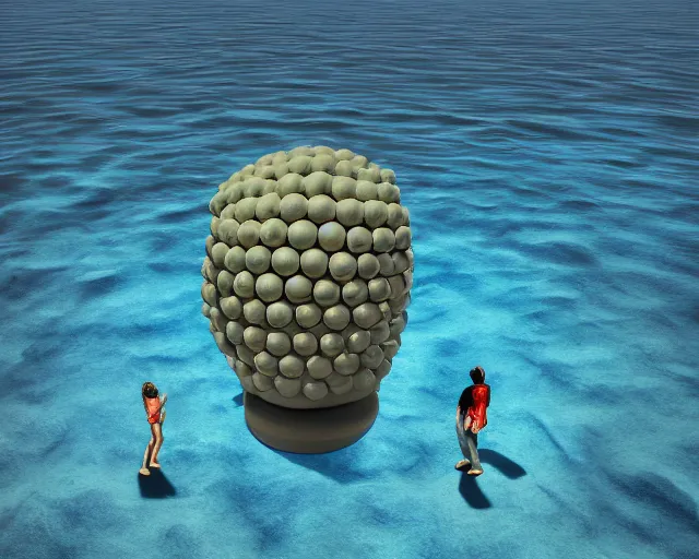 Image similar to a long shot of a giant award winning sculpture made out of billiard balls of a human head on the surface of the ocean, in the style of chad knight, hyper detailed, hyper realistic, ray tracing, 8 k resolution, sharp focus, realistic water