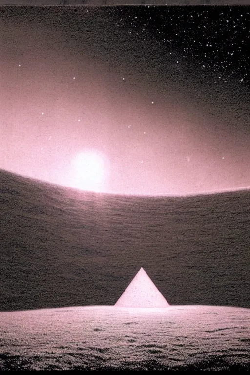 Image similar to emissary space by arthur haas and bruce pennington and john schoenherr, photo realism, cinematic matte painting, james turrell building in the mountains with falling snow, monochrome color palate, pink sunset,