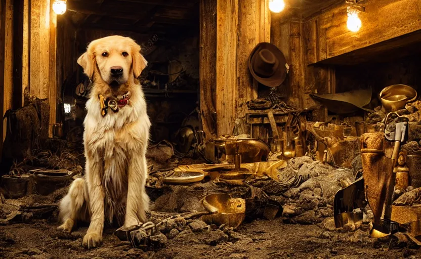 Prompt: a dirty golden retriever in a dark mine with large piles of gold nuggets and wearing a wild west hat and jacket, dim moody lighting, wooden supports, wall torches, cinematic style photograph