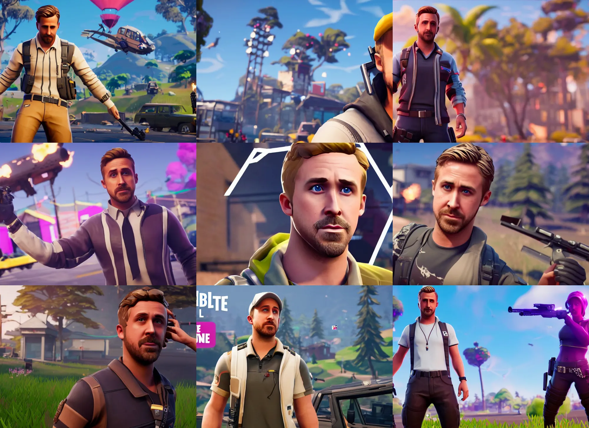 Prompt: ryan gosling as a fortnite character, in game screenshot, 4 k, unreal engine, gameplay video