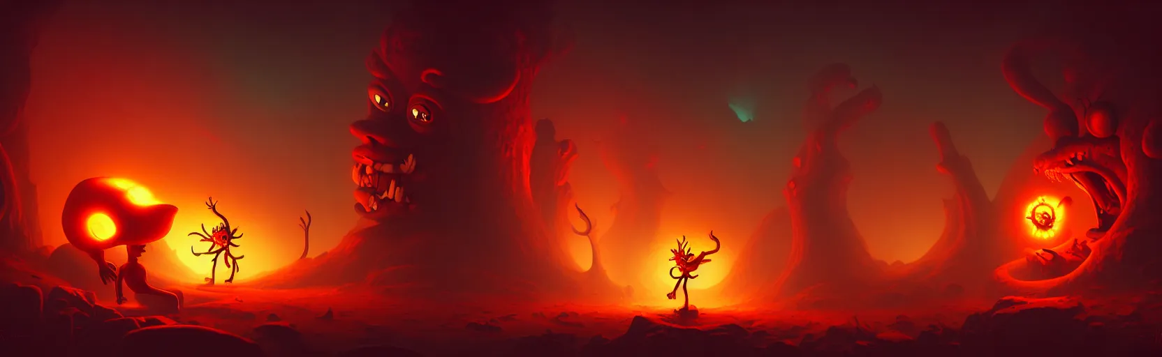 Image similar to wild whimsical fiery mutants from the depths of a wasteland deep in the imaginal realm, dramatic lighting, surreal fleischer cartoon characters, shallow dof, surreal painting by ronny khalil