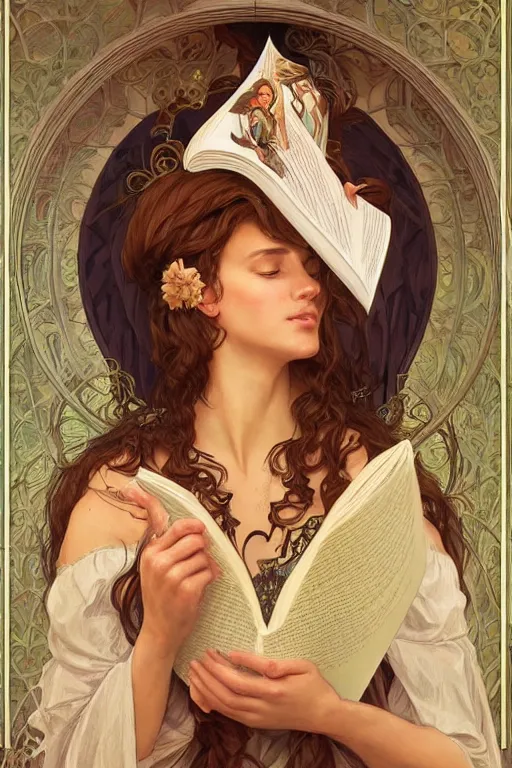 Image similar to beautiful natural renaissance gypsy reading another woman\'s palm, intricate, elegant, highly detailed, digital painting, artstation, concept art, smooth, sharp focus, illustration, art by artgerm and greg rutkowski and alphonse mucha