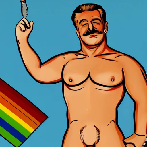 Image similar to lgbt art, tom of finland style, stalin, lenin, in billy herrington body, big, daddy, art in 4 k, high quality