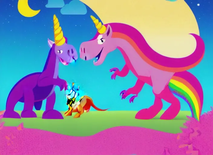 Image similar to T-rex and Unicorn relaxing, colorful,modern, disney poster, detailed,