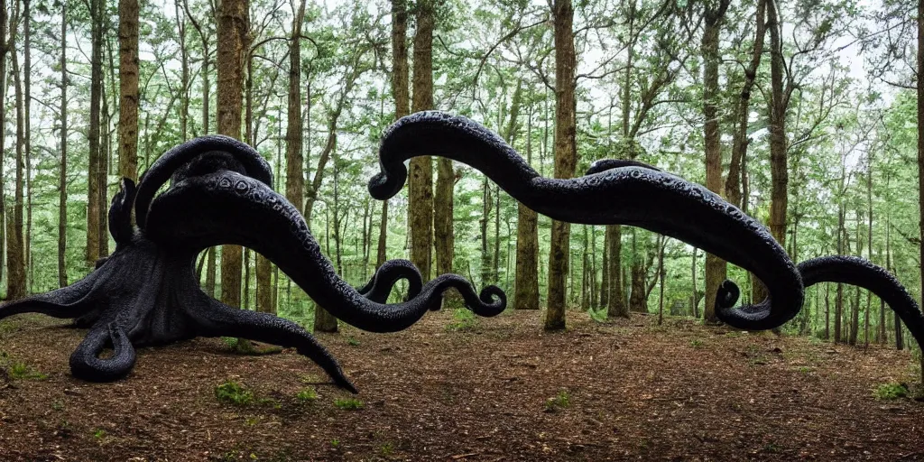 Image similar to a huge black octopus in the middle of a forest, winding around trees, beautiful ambient light, 8k photography