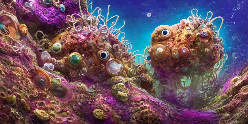 Image similar to of an intricate sea reef with strange cute friendly happy creatures with huge eyes, mouth, long tongue, round teeth and goofy face, appearing from the background, in the style of gehry and gaudi, macro lens, shallow depth of field, ultra detailed, digital painting, trending artstation, concept art, illustration, cinematic lighting, photorealism, epic, octane render