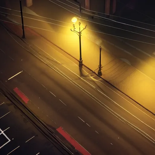 Image similar to A stunningly beautiful award-winning 8K high angle from 2nd floor cinematic movie photograph looking down diagonally across a spooky dark very foggy empty lightless main street intersection in an abandoned 1950s small town at night. perfect composition, moody low key. Color palette from Seven, greens yellows and reds. 2 point perspective. Octane render