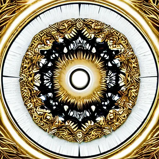 Prompt: three dimensional multilayered patterns inside a circle, intricate detail, complex, gold, silver, obsidian, white