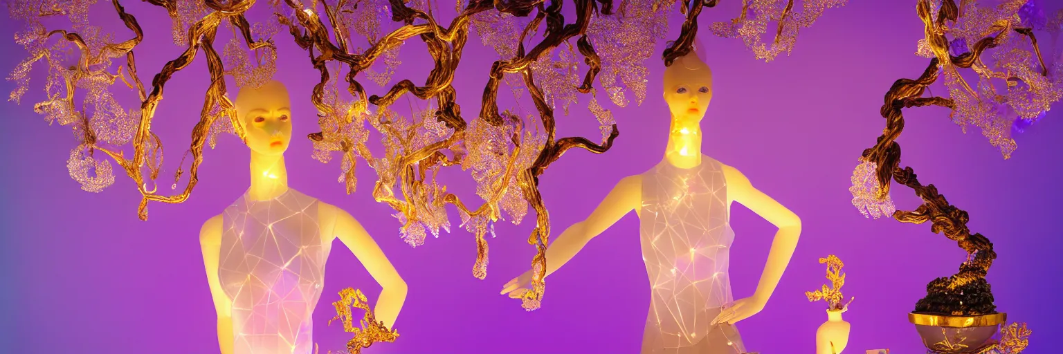 Image similar to beautiful mannequin sculpted out of amethyst by billelis + lit with geometric neon dripping gold + kintsugi, facing a doorway opening with neon pink geometric fractal light + flowering bonsai trees + lighting in background!!, transcendent, clean linework, dramatic, finely detailed, award winning, 4 k, trending on artstation, photorealistic, volumetric lighting, octane render