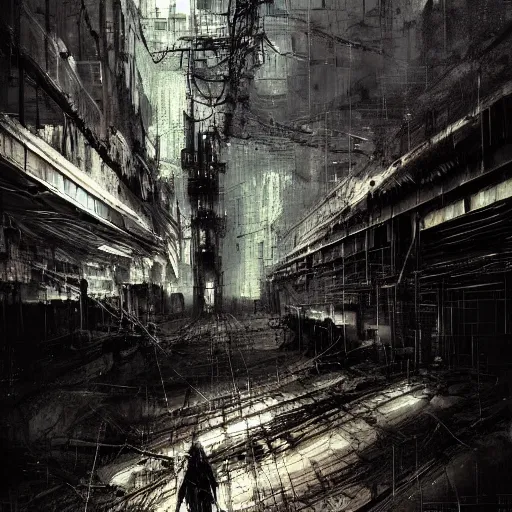 Image similar to lost and alone in an industrial wasteland screaming cyberpunk, wires, machines by emil melmoth zdzislaw belsinki craig mullins yoji shinkawa realistic render ominous detailed photo atmospheric by jeremy mann francis bacon and agnes cecile ink drips paint smears digital glitches glitchart