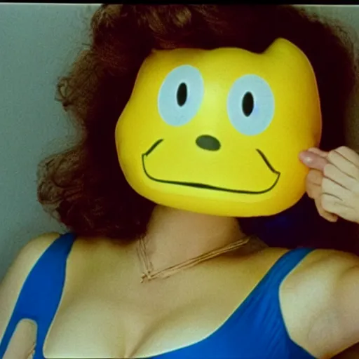 Prompt: bored housewife meets a smiley inflatable toy in a seedy motel room, 1982 color Fellini film, ugly motel room with dirty walls and old furniture, archival footage, technicolor film, 16mm, live action, John Waters, wacky comedy