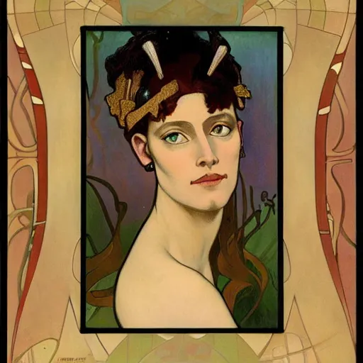 Prompt: portrait of Neytiri with tan skin and spiky short red hair by Alphonse Mucha and Grant Wood, tufted ears, avatar, gold eyes, wearing a men's suit