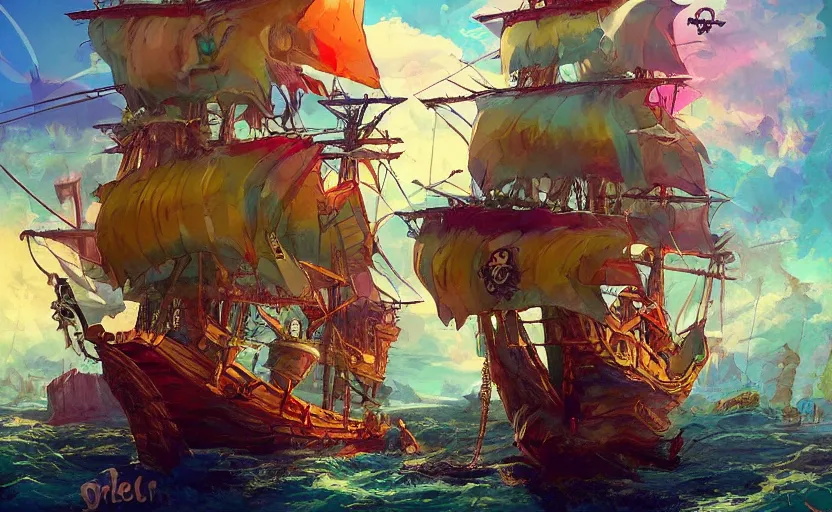 Prompt: pirate ship, storybook, colorful, lush, artstation