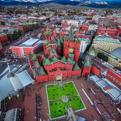 Image similar to drone photo of giant kiwi on red square, super wide shot, 1 2 mm, bokeh