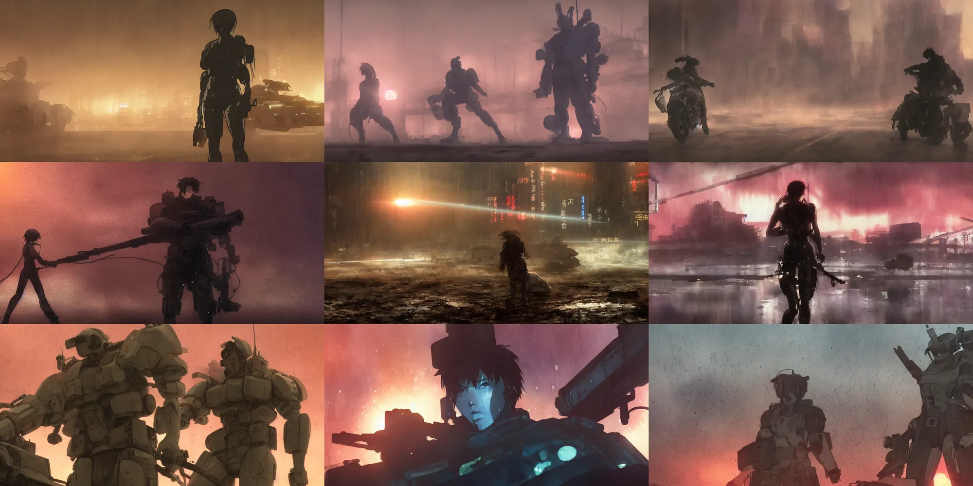 Prompt: incredible screenshot, simple watercolor, masamune shirow ghost in the shell movie scene close up broken Kusanagi tank battle, brown mud, dust, memorable scene, glowing red sunset, heavy rain, pipe jungle, reflections, refraction, bounce light, phil hale, rim light, bokeh ,hd, 4k, remaster, dynamic camera angle, deep 3 point perspective, fish eye, dynamic scene