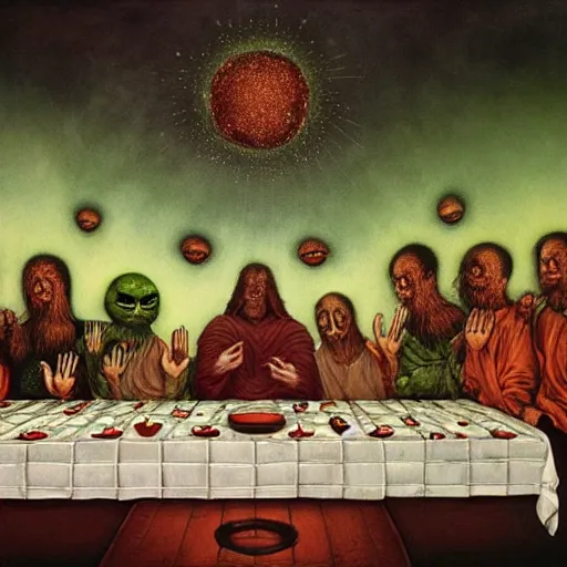 Prompt: pepe the frog eating in the last supper with disciples, floating dark energy surrounds them. there is one cow in the corner of the room, surrounded by a background of dark cyber mystic alchemical transmutation heavenless realm. highly detailed, vivid color, beksinski painting, part by adrian ghenie and gerhard richter. art by takato yamamoto. masterpiece