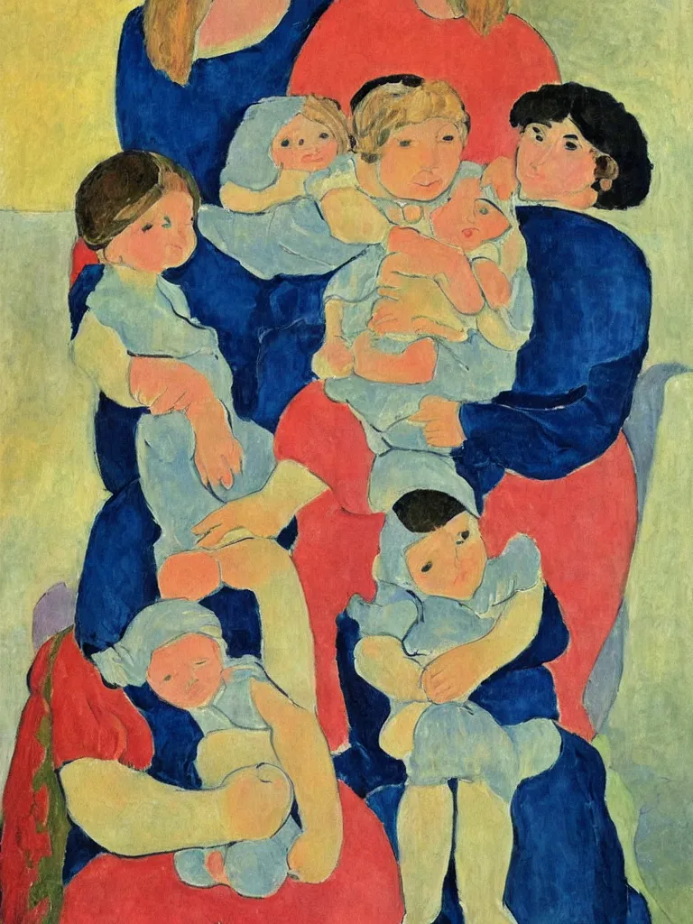 Image similar to portrait of a old woman holding a younger woman on her lap, that holds another, even younger woman, holding a girl holding a baby. painting by matisse