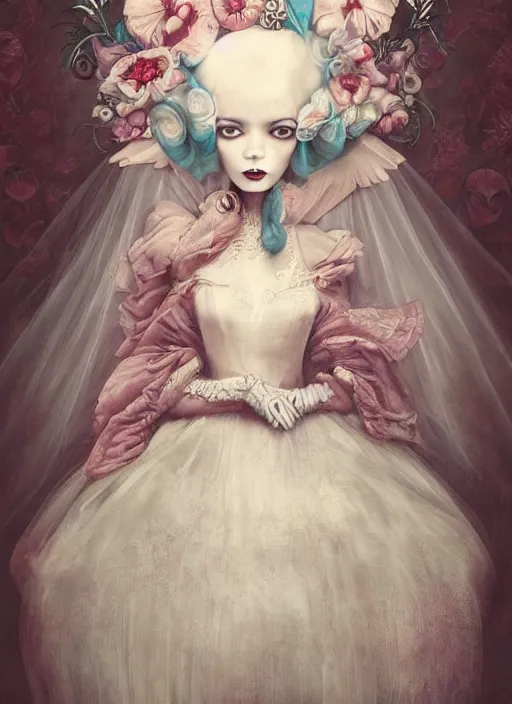 Prompt: pop surrealism, lowbrow art, realistic cute bride white gown girl painting, japanese street fashion, hyper realism, muted colours, rococo, natalie shau, loreta lux, tom bagshaw, mark ryden, trevor brown style,
