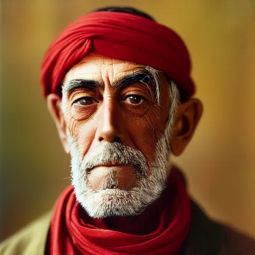 Image similar to portrait of president woodrow wilson as afghan man, green eyes and red scarf looking intently, photograph by steve mccurry