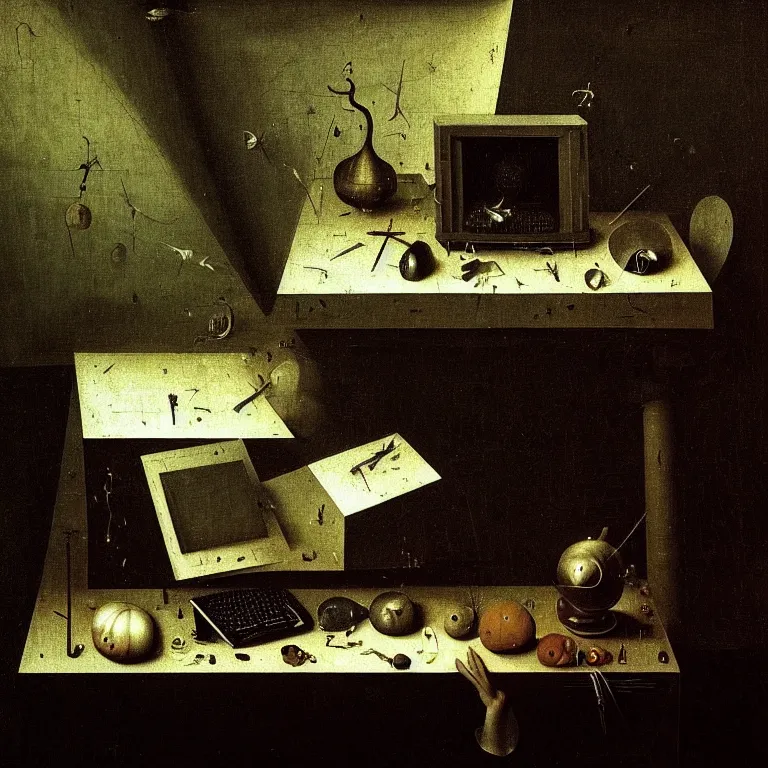 Image similar to still life of abandoned computer by hieronymus bosch, wide shot, soft glow bloom lucid dream - like ethereal atmosphere, baroque portrait painting, perfect composition, beautiful intricate detailed octane render trending on artstation, 8 k artistic photography, volumetric cinematic perfect light, chiaroscuro, masterpiece, raphael, caravaggio, rutkowski, beeple, beksinski