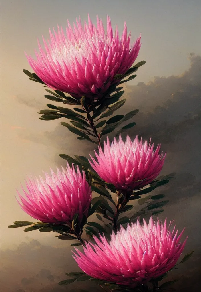 Image similar to detailed pink and white proteas against a black backdrop by ivan aivazovsky, detailed brush strokes, oil painting, artstation