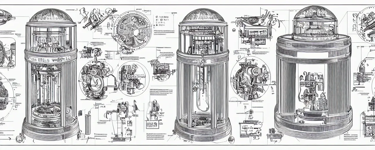 Image similar to a full page schematic diagram illustration of a timemachine, ultra detailed, 4 k, intricate, encyclopedia illustration, fine inking lines