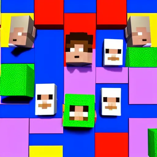 Image similar to block figures looking like roblox figures or minecraft players, playing with a computer in a block world, having fun in the sun, bright and fun colors