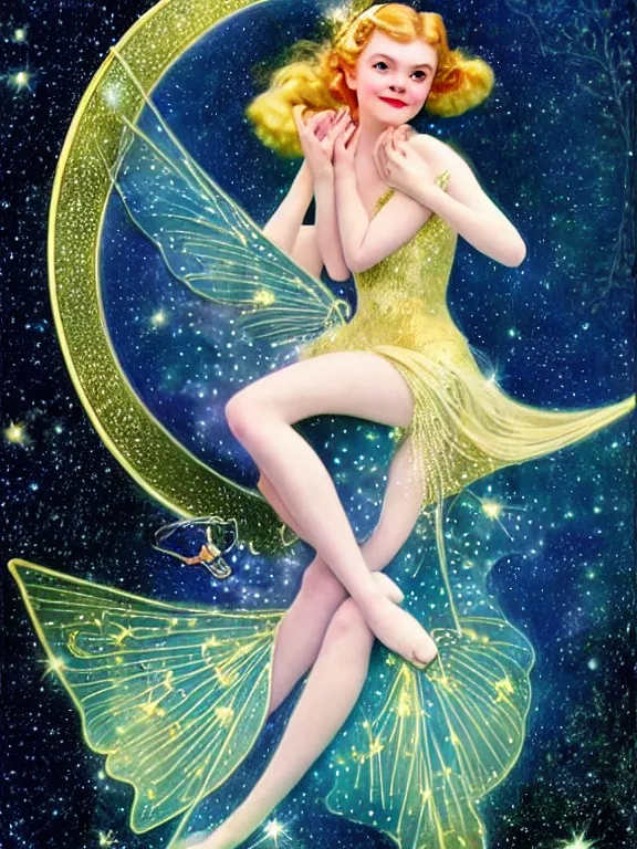 Image similar to elle fanning as tinkerbell glowing, a beautiful art nouveau portrait by Gil elvgren and Hajime Sorayama, moonlit starry sky environment, centered composition, defined features, golden ratio, gold jewlery, photorealistic professionals lighting, cinematic, sheer