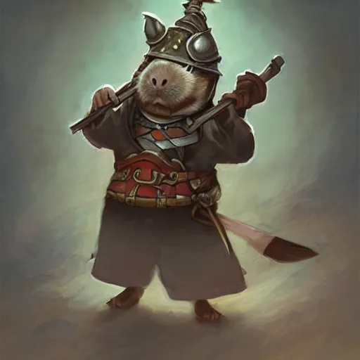 Image similar to cute little anthropomorphic Guinea Pig Samurai in city, tiny, small, short, Samurai outfit, cute and adorable, pretty, beautiful, DnD character art portrait, matte fantasy painting, DeviantArt Artstation, by Jason Felix by Steve Argyle by Tyler Jacobson by Peter Mohrbacher, cinematic lighting