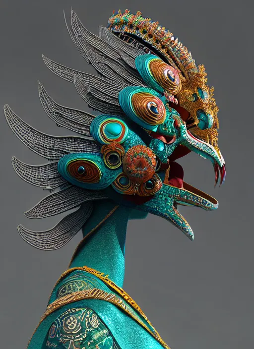 Image similar to 3 d goddess close - up profile portrait. beautiful intricate highly detailed mexican magpie helm and traditional mexican huipil! quetzalcoatl, stingray, bio luminescent, plasma, lava, ice, water, wind, stormy, creature, artwork by tooth wu and wlop and annie leibovitz, octane 3 d render