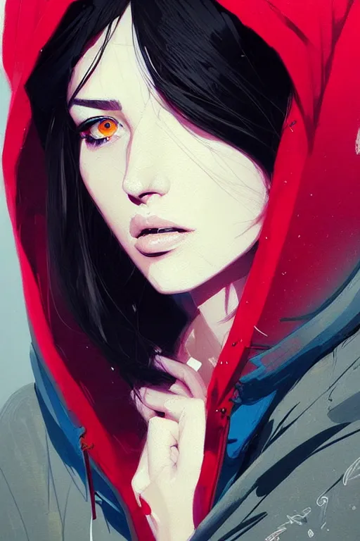 Image similar to a ultradetailed portrait painting of a stylish woman in a oversized hoodie by conrad roset, greg rutkowski and makoto shinkai trending on artstation