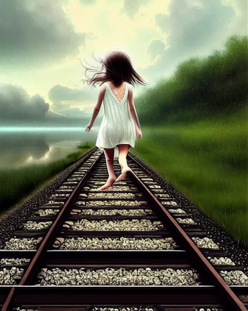 Prompt: a barefoot girl carries her shoes on a lake of reflective water and faintly visible submerged train tracks, water covers everything, large white clouds on a wide horizon, intricate, elegant, highly detailed, digital photo, artstation, concept art, smooth, sharp focus, low angle photo, art by artgerm and greg rutkowski and fra angelico