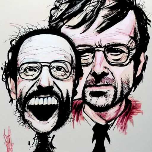 Image similar to Jessy Pinkman and Walter White in the style of Ralph Steadman