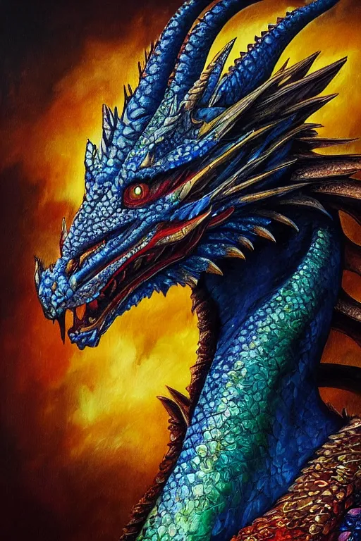 Prompt: oil portrait of rainbowtail the dragon, epic, cinematic, highly detailed