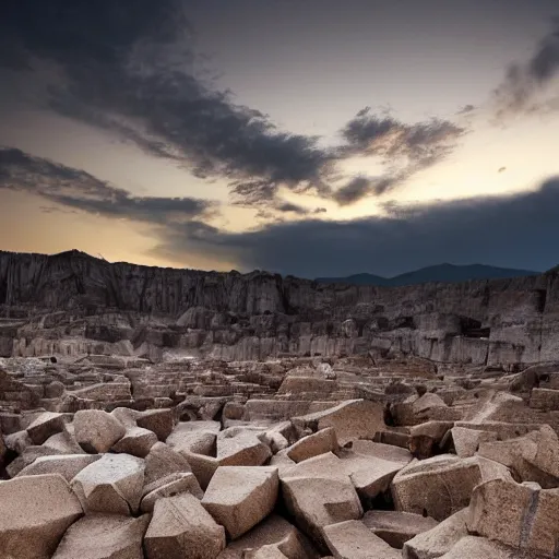 Image similar to huge deep stone quarry landscape bottom-up view of dirty stones in a quarry of different fractions in the evening light ultra detailed by Emmanuel Lubezki, golden hour, atmospheric lighting, 8k resolution, best color graded, vray beautiful, hyper-realistic render W 1920 H 1080