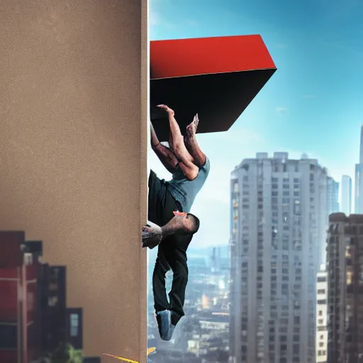 Image similar to man with superpowers lifting a building, sideways building, 4 k detailed picture