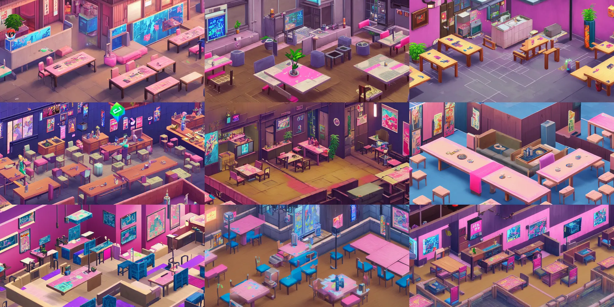 Prompt: game asset of the sims cyberpunk japanese restaurant room furniture and decor, in gouache detailed paintings, props, stylized, 2 d sprites, kitbash, arcane, overwatch, blue and pink color scheme, 8 k, close up