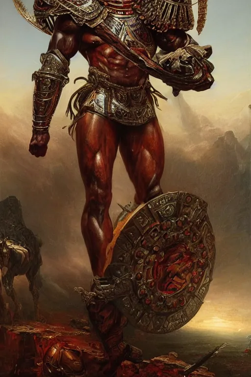 Image similar to a powerful and muscular make african warrior , half body portrait, ornate armour, realistic oil painting by Thomas Cole and Wayne Barlowe