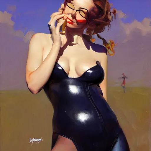 Prompt: greg manchess portrait painting of female wearing a latex suit as addison rae, medium shot, organic painting, sunny day, matte painting, bold shapes, hard edges, street art, trending on artstation, by huang guangjian and gil elvgren and sachin teng