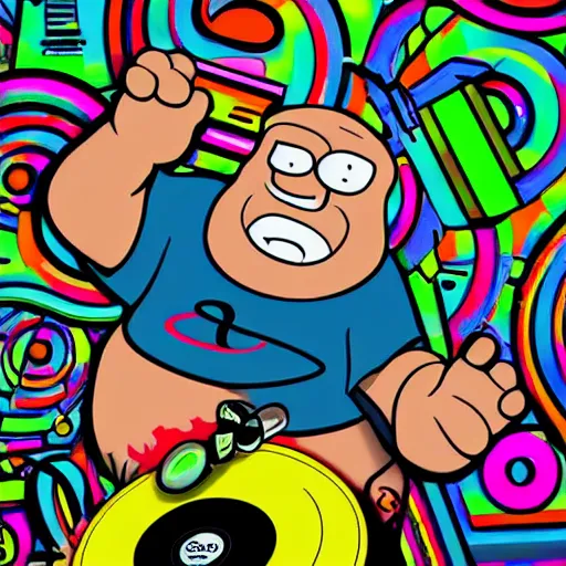 Image similar to svg sticker of a Family-Guy Peter-Griffin at a rave, spinning records, giant headphones rocking out, wearing headphones, huge speakers, dancing, rave, DJ, spinning records, digital art, amazing composition, rule-of-thirds, award-winning, trending on artstation, featured on deviantart