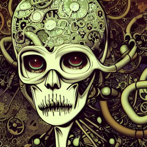 Image similar to surreal manga anime photo portrait of complex bio - mechanical beautiful young female skeletal cyborg with a mandelbrot fractal steampunk metal skull face, disney, retrofuturistic depressing, floral foliage, rococo, steampunk, 8 k