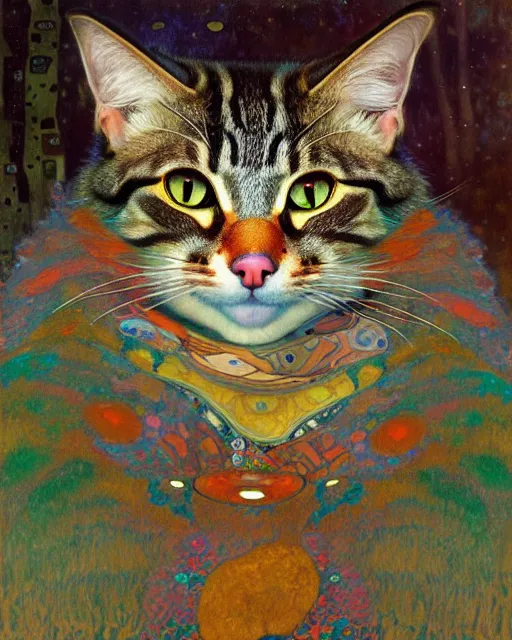 Image similar to wild forest cat portrait an oil painting splashes with many colors and shapes by gustav klimt greg rutkowski and alphonse mucha, polycount, generative art, psychedelic, fractalism, glitch art