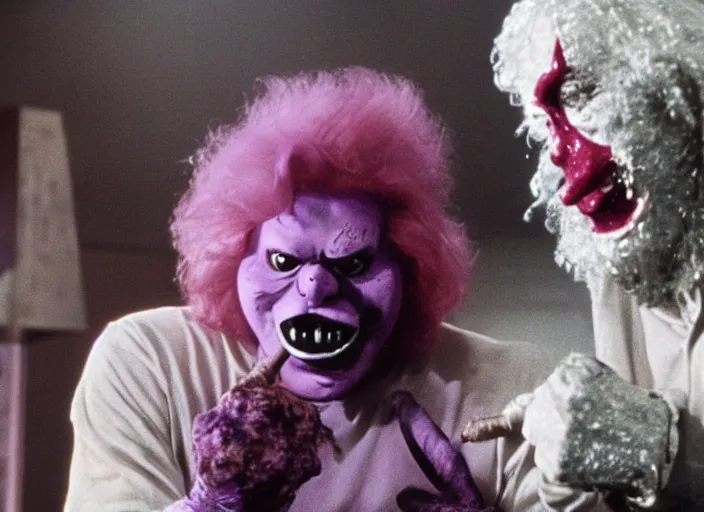 Image similar to film still of ronald mcdonald and grimace in a 1 9 8 0 s slasher movie