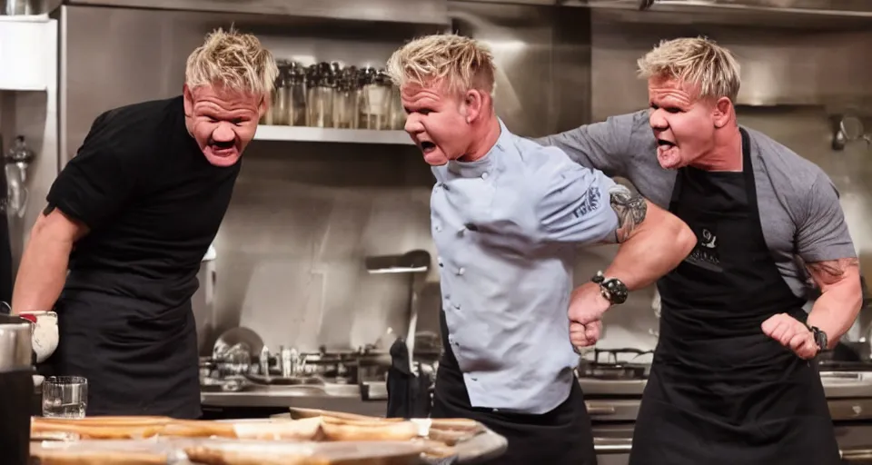 Image similar to photo of angry furious Gordon Ramsay punching Gordon Ramsay at the kitchen