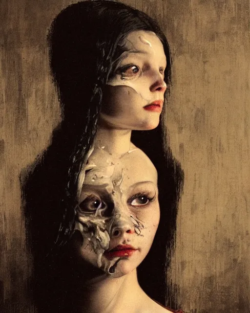 Image similar to a beautiful and eerie baroque painting of a beautiful but creepy girl in layers of fear, with haunted eyes and dark hair piled on her head, 1 9 7 0 s, seventies, wallpaper, a little blood, morning light showing injuries, delicate embellishments, painterly, offset printing technique, by brom, robert henri, walter popp