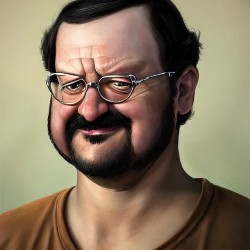 Image similar to beautiful hyperrealistic detailed matte portrait painting of bob belcher from bobs burger, by andreas rocha and john howe, and martin johnson