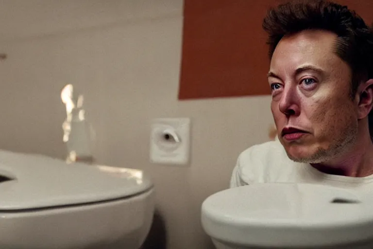 Prompt: hyperrealism aesthetic ridley scott and denis villeneuve style photography of a detailed elon musk, siting on a detailed toilet and scrolling his smartphone in hyperrealism scene from detailed art house movie in style of alejandro jodorowsky and wes anderson